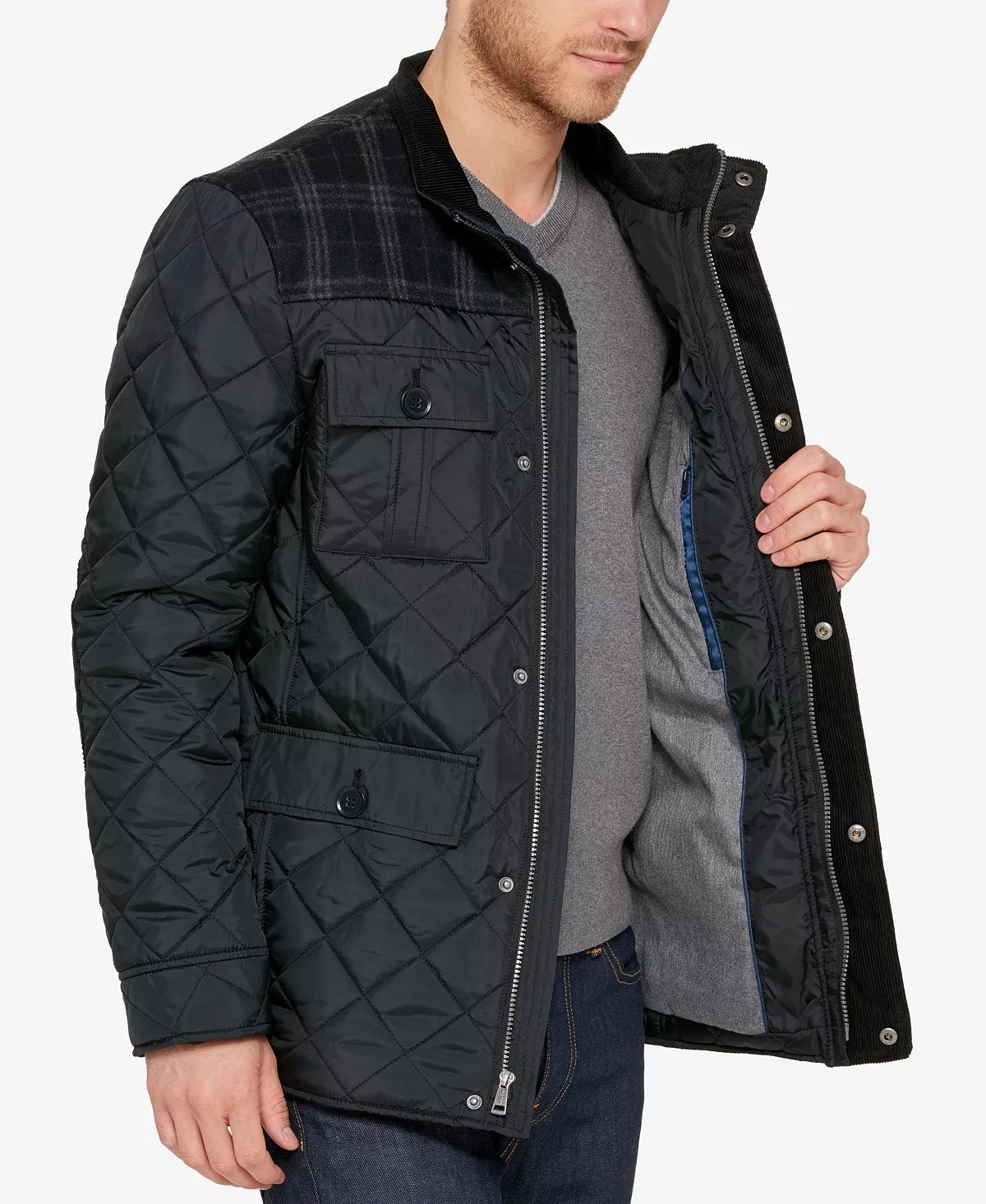 Cole Haan Black Mixed Media Quilted Jacket  Large
