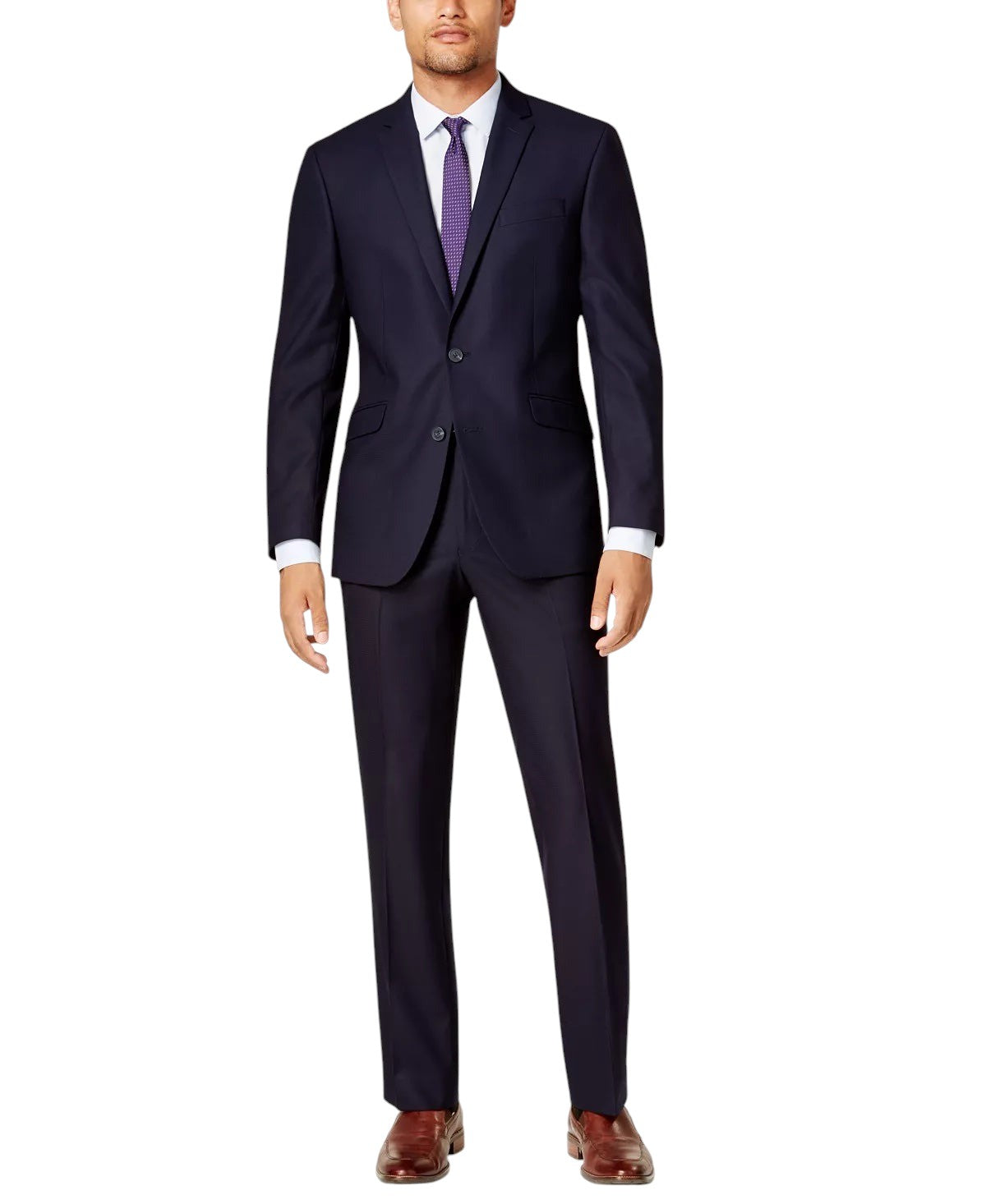 Kenneth Cole Mens Slim fit 2 Piece Suit 42 R / 35 Waist Navy Blue Solid Stretch