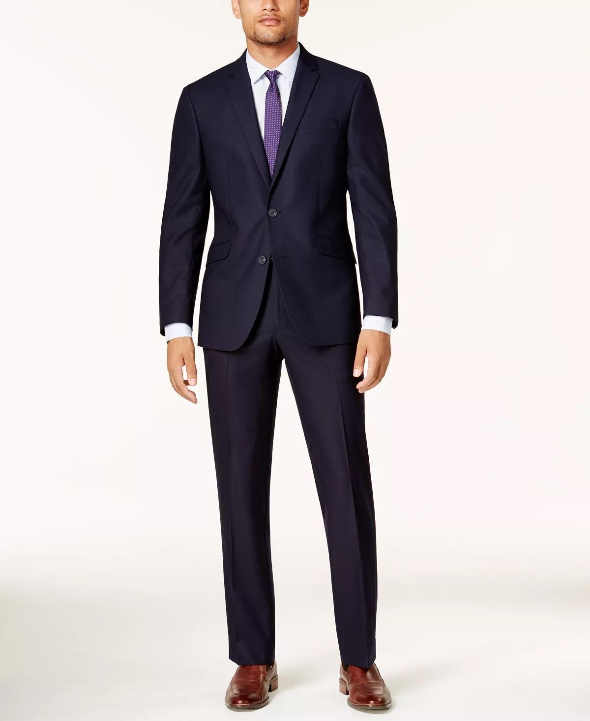 Kenneth Cole Reaction Mens Slim-Fit Navy Blue 2 PC Suit 42L / 37 Waist Flat Pant