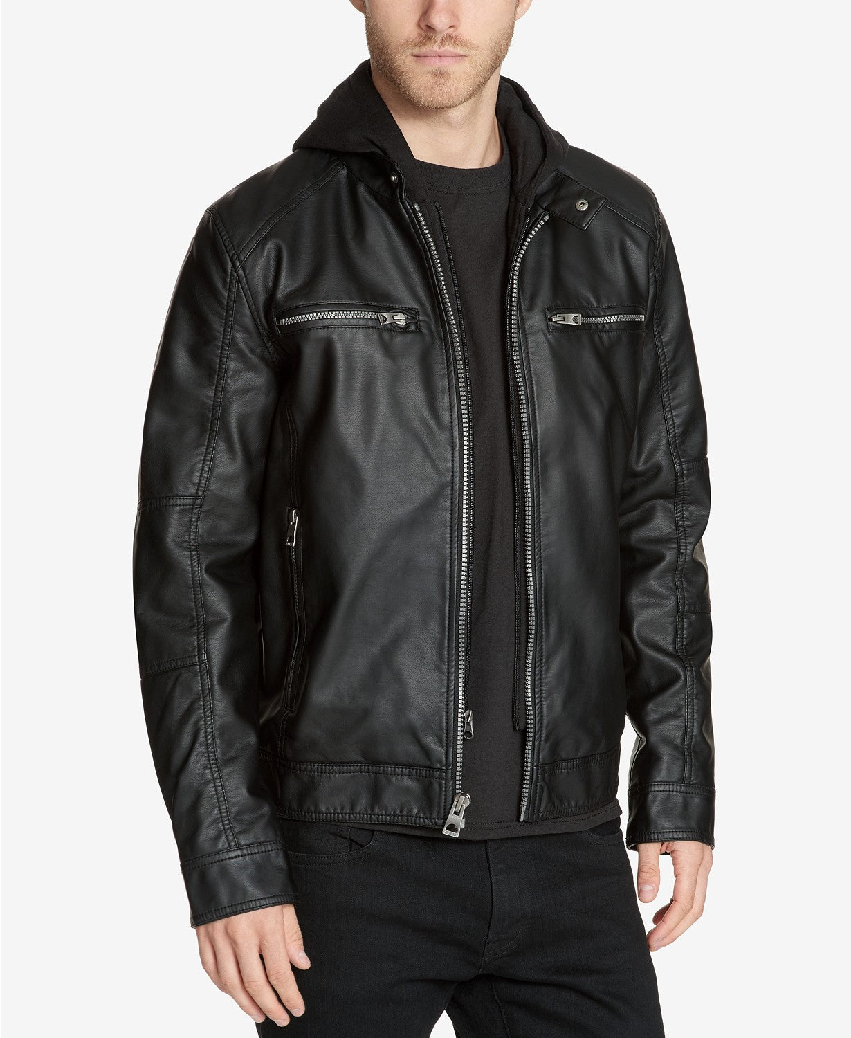 GUESS Mens Casual Faux Leather Jacket Coat Large Black Hooded Solid