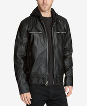 GUESS Mens Casual Faux Leather Jacket Coat Large Black Hooded Solid