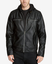 GUESS Mens Casual Faux Leather Jacket Coat Large Black Hooded Solid