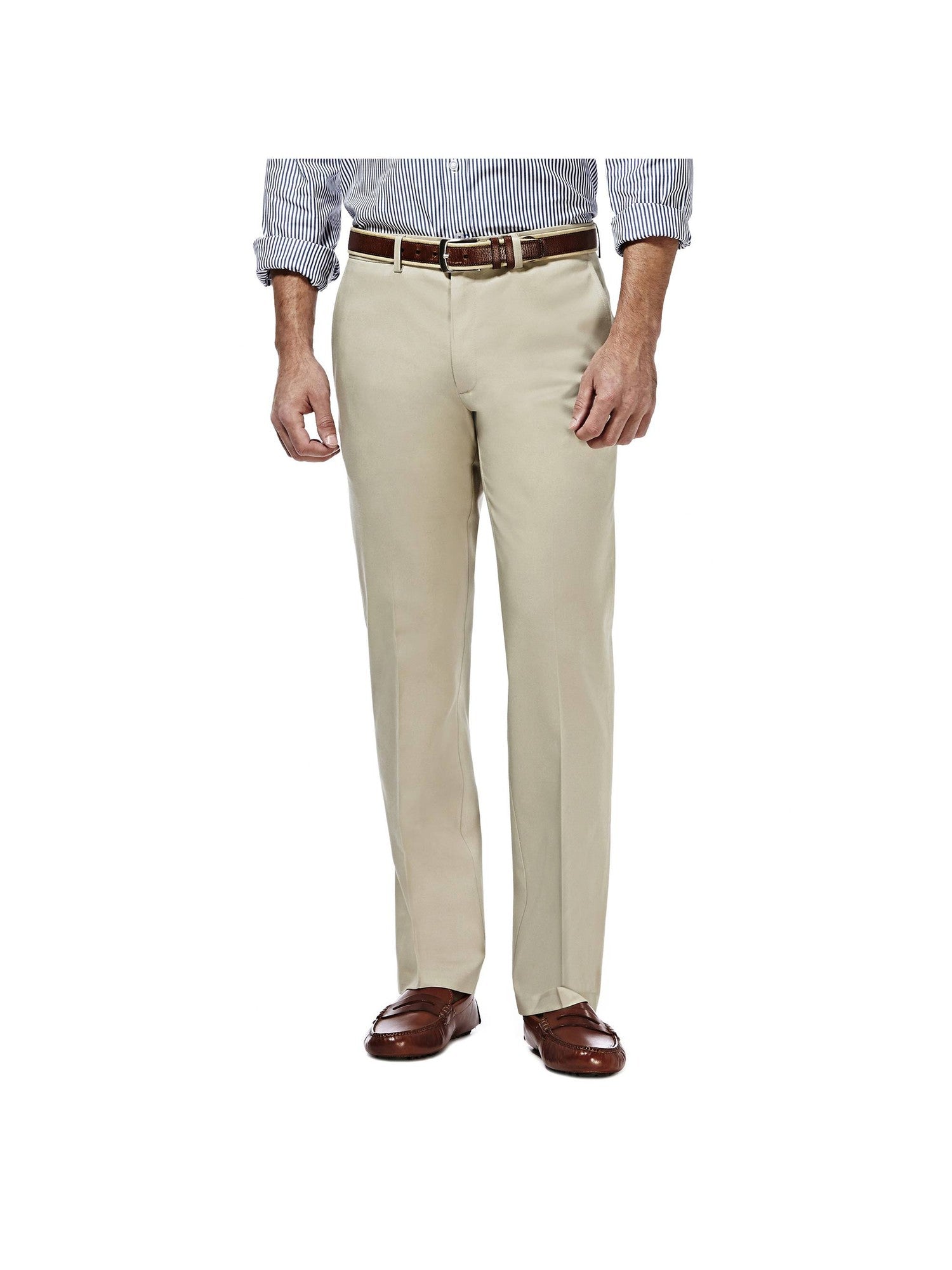 Haggar Mens Straight fit Dress Pants 38 / 32 Beige Solid Stretch