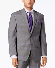 Sean John Men's Classic-Fit Stretch Gray Purple Windowpane Plaid Suit Jacket 40R