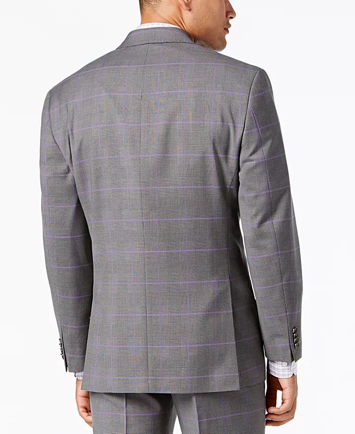 Sean John Men's Classic-Fit Stretch Gray Purple Windowpane Plaid Suit Jacket 40R