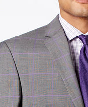 Sean John Men's Classic-Fit Stretch Gray Purple Windowpane Plaid Suit Jacket 40R