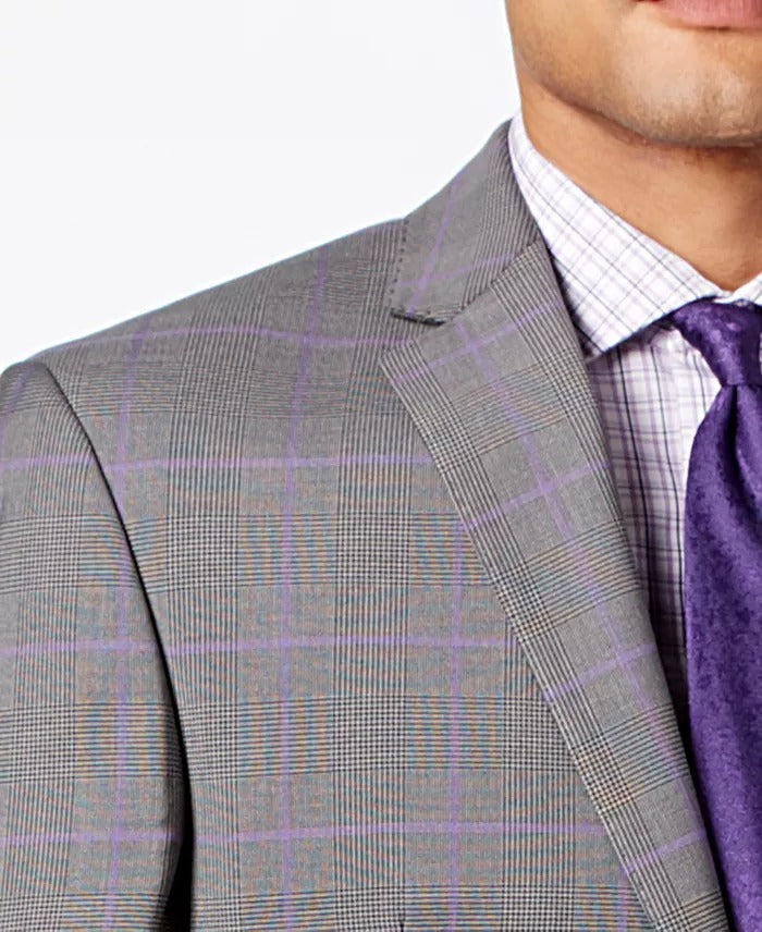 Sean John Men's Classic-Fit Stretch Gray Purple Windowpane Plaid Suit Jacket 40R