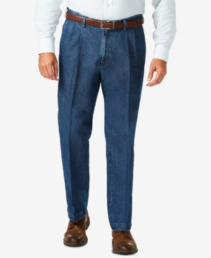 Haggar Men's Big & Tall Stretch Denim Classic fit Pleated Pants Blue 44 X 32