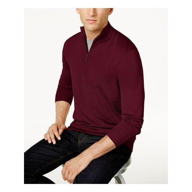 Club Room Mens Regular Fit Quarter Zip Sweater Red Plum Large Merino Wool