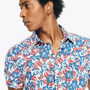 Nautica Mens Sustainably Crafted Printed Linen Short Sleeve Shirt Small Red Blue