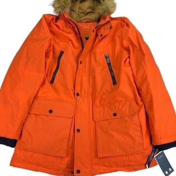 Club Room Mens Parka Coat Faux Fur-Hood Orange Small