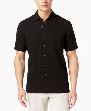 Tasso Elba Mens Textured Short Sleeve Button Down Shirt Deep Black Small