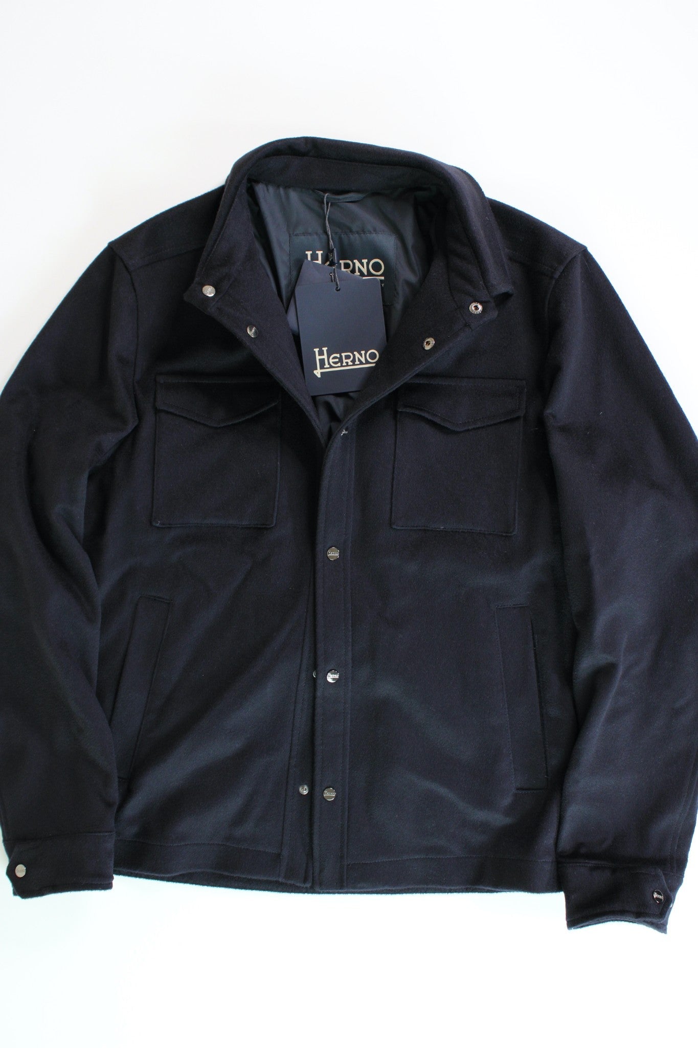 Herno Mens Wool & Cashmere Half-Lined Snap Jacket EU 48 US 38 Navy Blue Coat