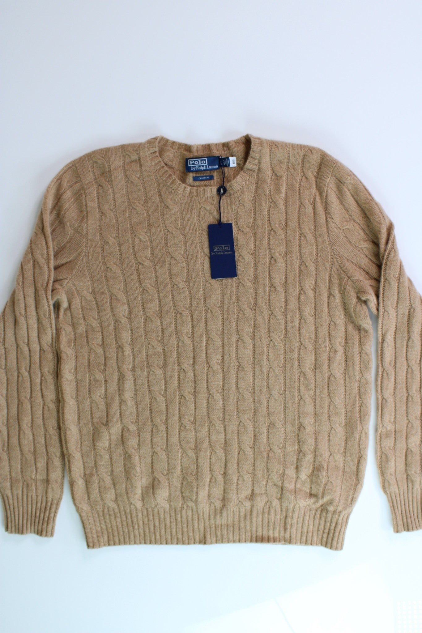 Polo Ralph Lauren Mens Cashmere Cable Knit Crewneck Sweater Small Camel Brown
