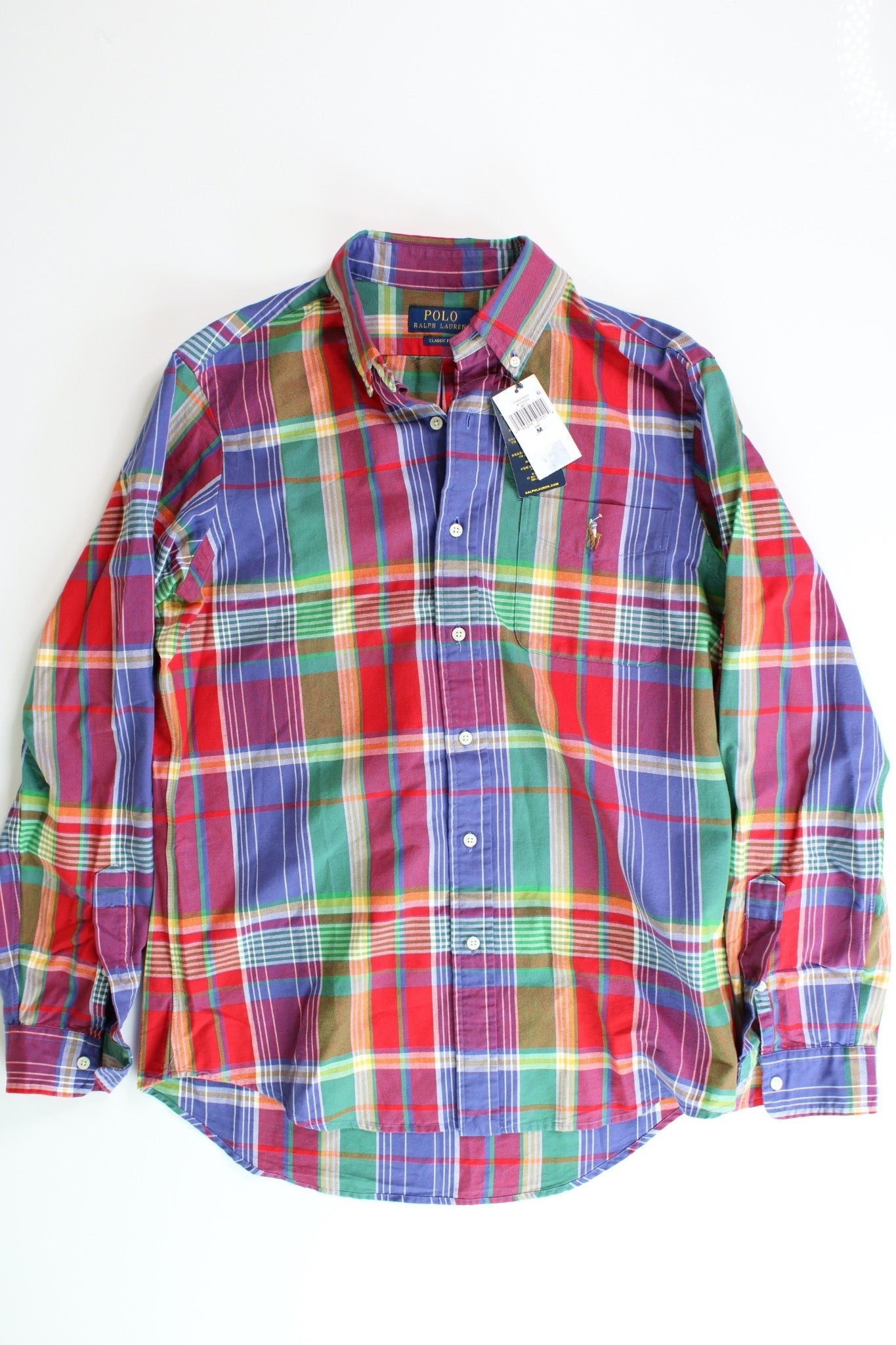 Polo Ralph Lauren Mens Classic Fit Plaid Button Oxford Shirt Medium Red Blue