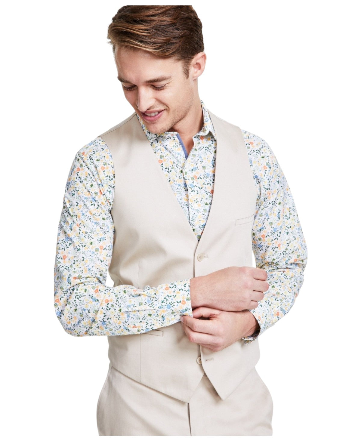 Bar Iii Mens Slim fit Button-Up Suit Vest Large Beige Solid Stretch