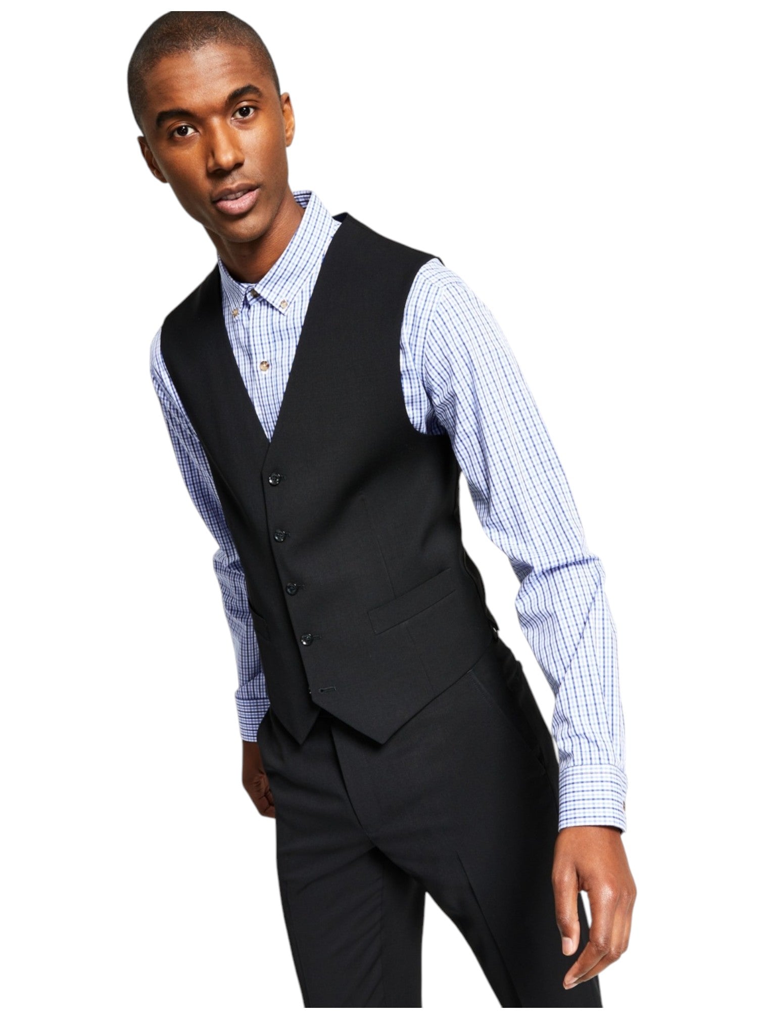 Tommy Hilfiger Mens Modern fit Button-Up Suit Vest Medium Black Stretch