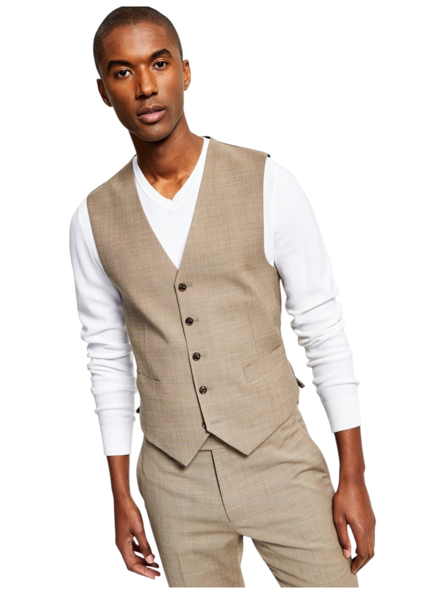 Tommy Hilfiger Mens Modern fit Button-Up Vest XL Beige Solid Stretch Wool
