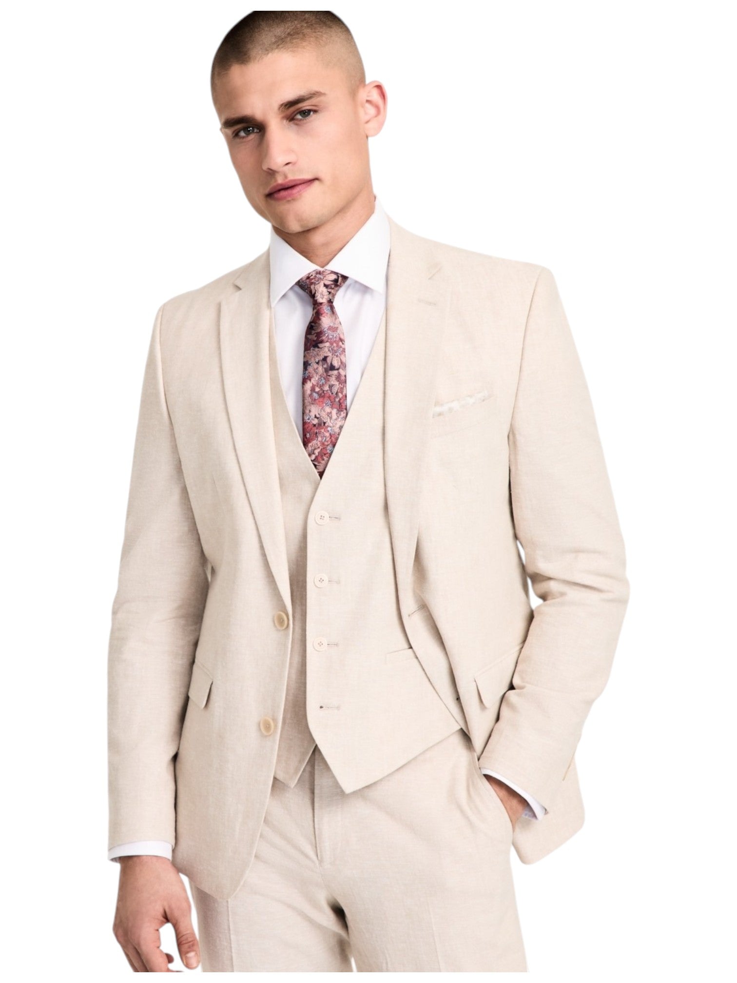 Bar Iii Mens Slim fit Suit Jacket Blazer 38 L Beige Solid Linen