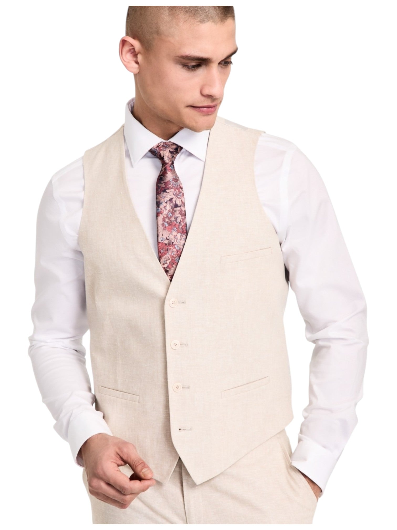 Bar Iii Mens Slim fit Button-Up Suit Vest Medium Beige Solid Linen Linen