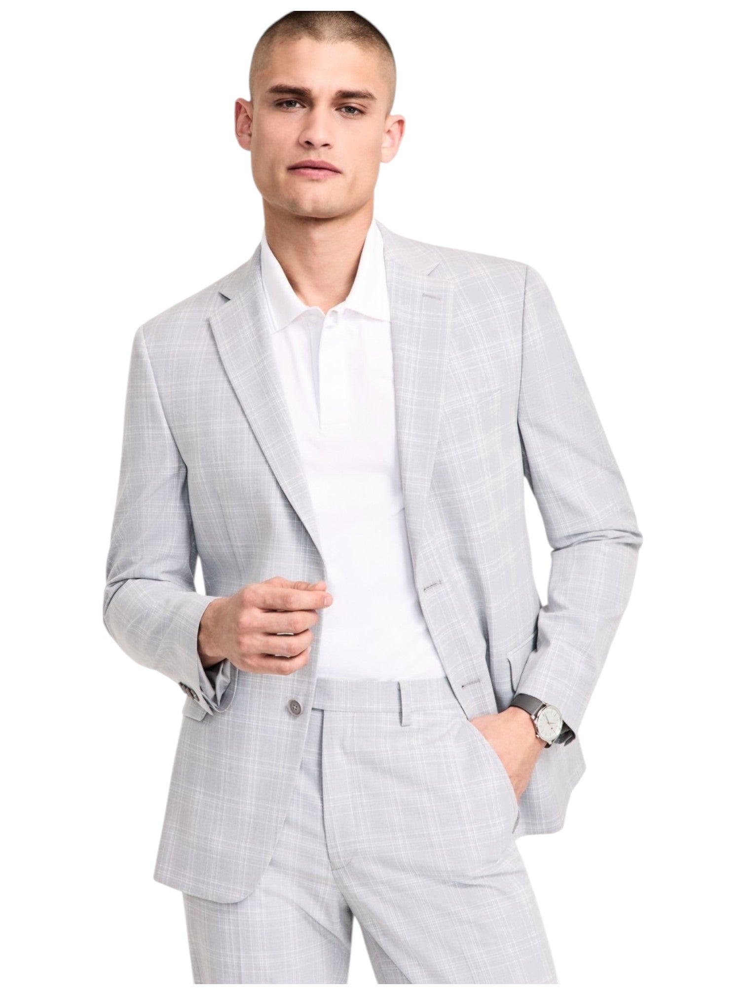 Alfani Mens Slim fit Suit Jacket Blazer 38 S Light Grey Plaid Stretch