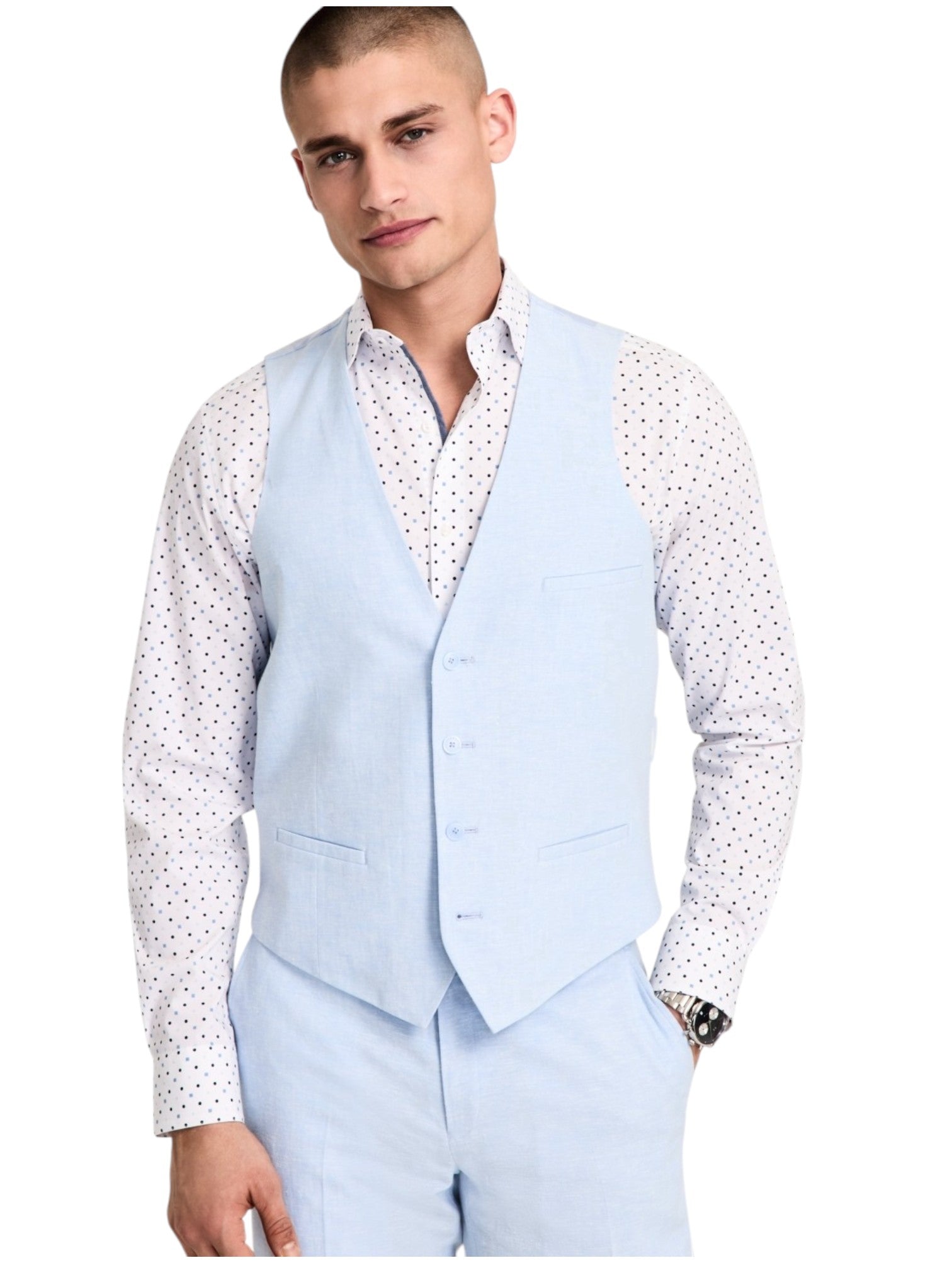 Bar Iii Mens Slim fit Button-Up Suit Vest Medium Blue Linen Linen