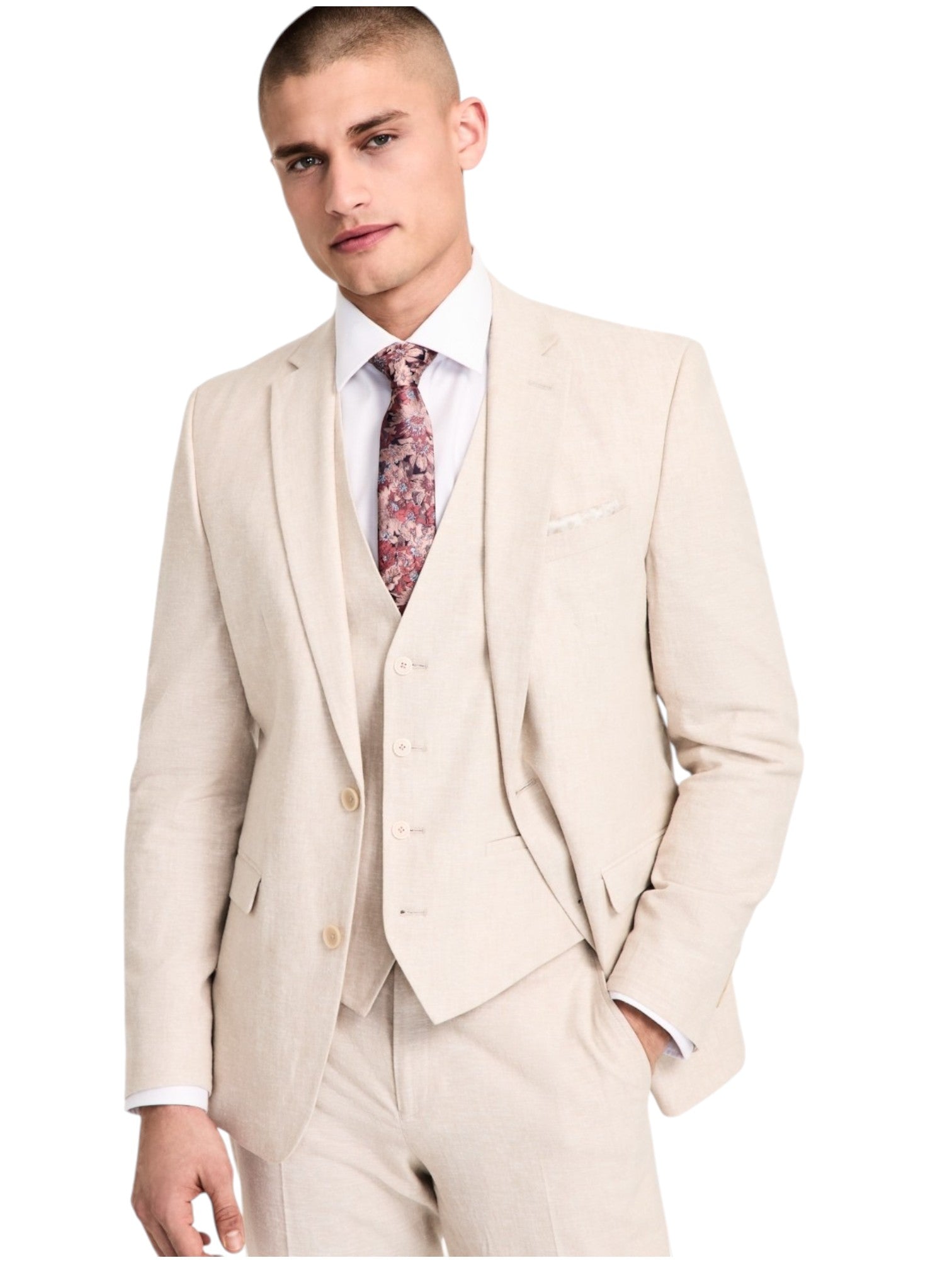 Bar Iii Mens Slim fit Sport Coat Blazer 42 R Beige Solid Stretch Linen