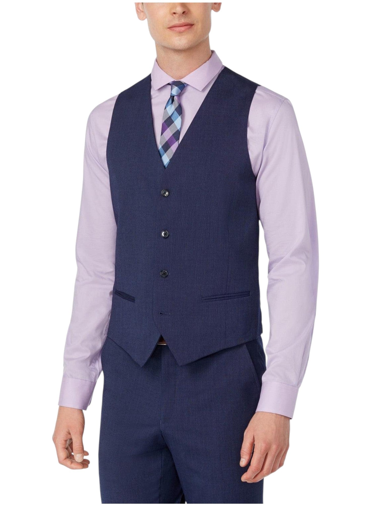 Alfani Mens Slim fit Button-Up Suit Vest Large Navy Blue Solid Stretch