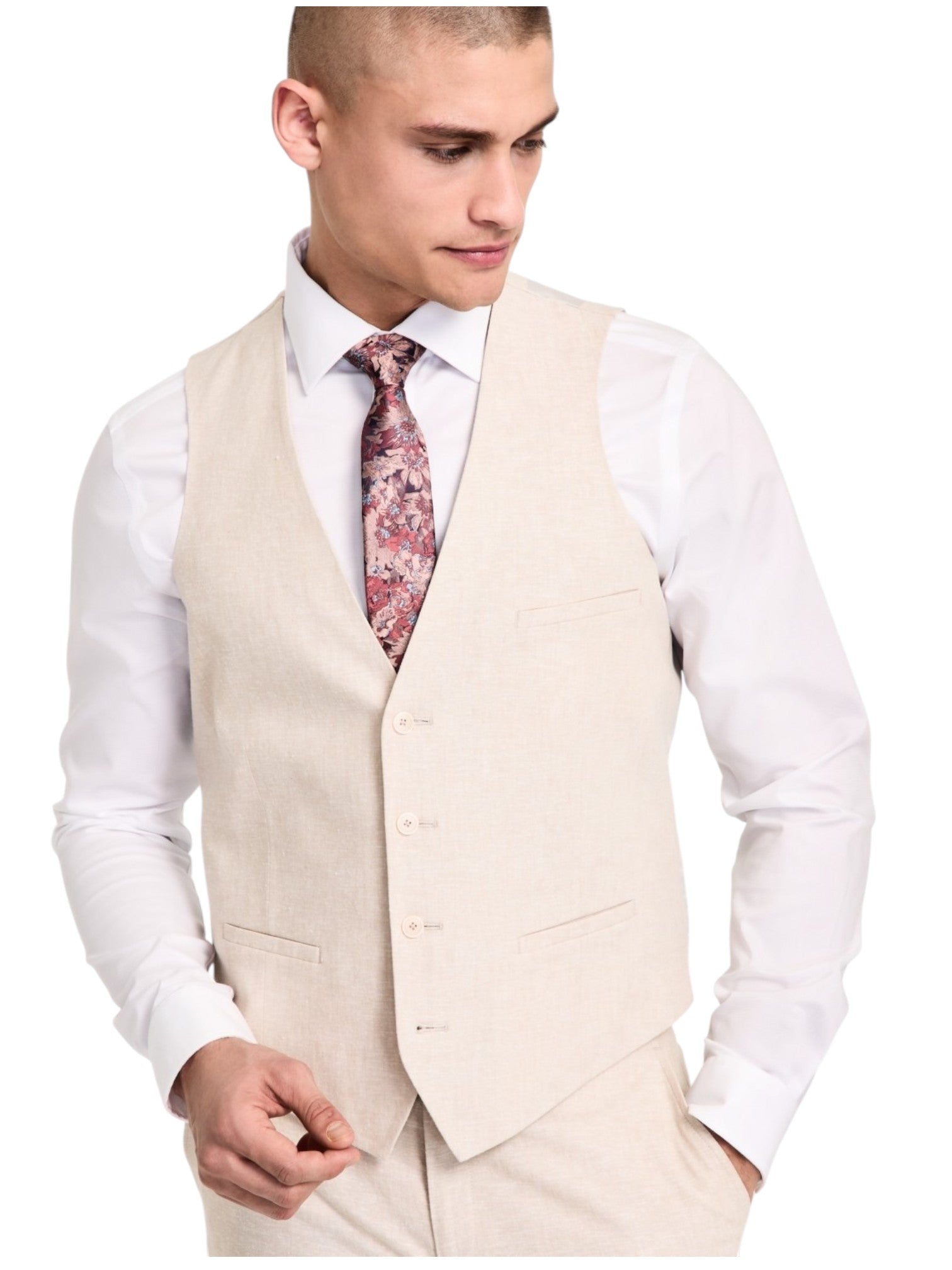 Bar Iii Mens Slim fit Button-Up Vest Large Beige Solid Stretch Linen