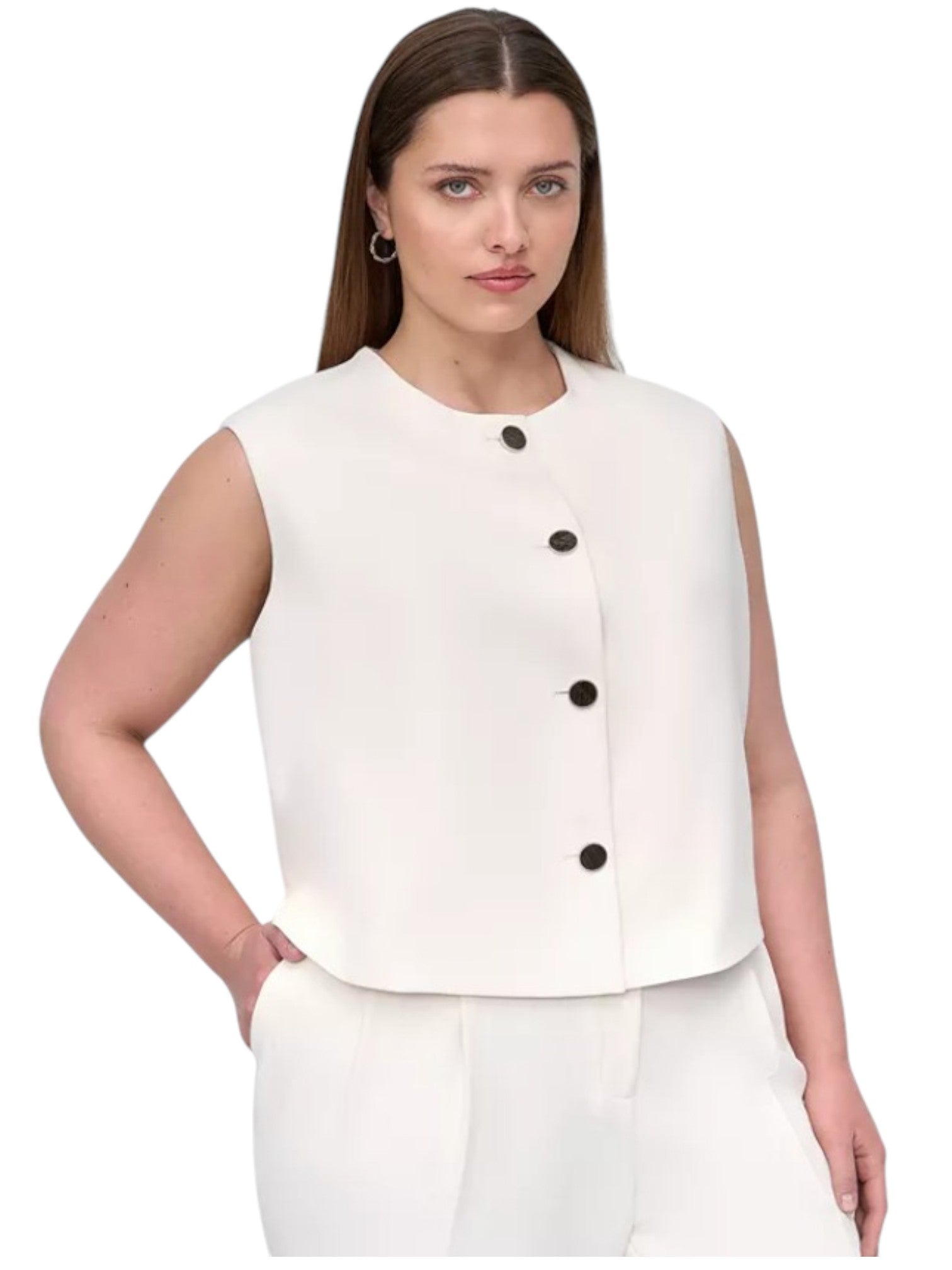 DKNY Womens Classic fit Sleeveless Button-Up Top 20 W White Solid
