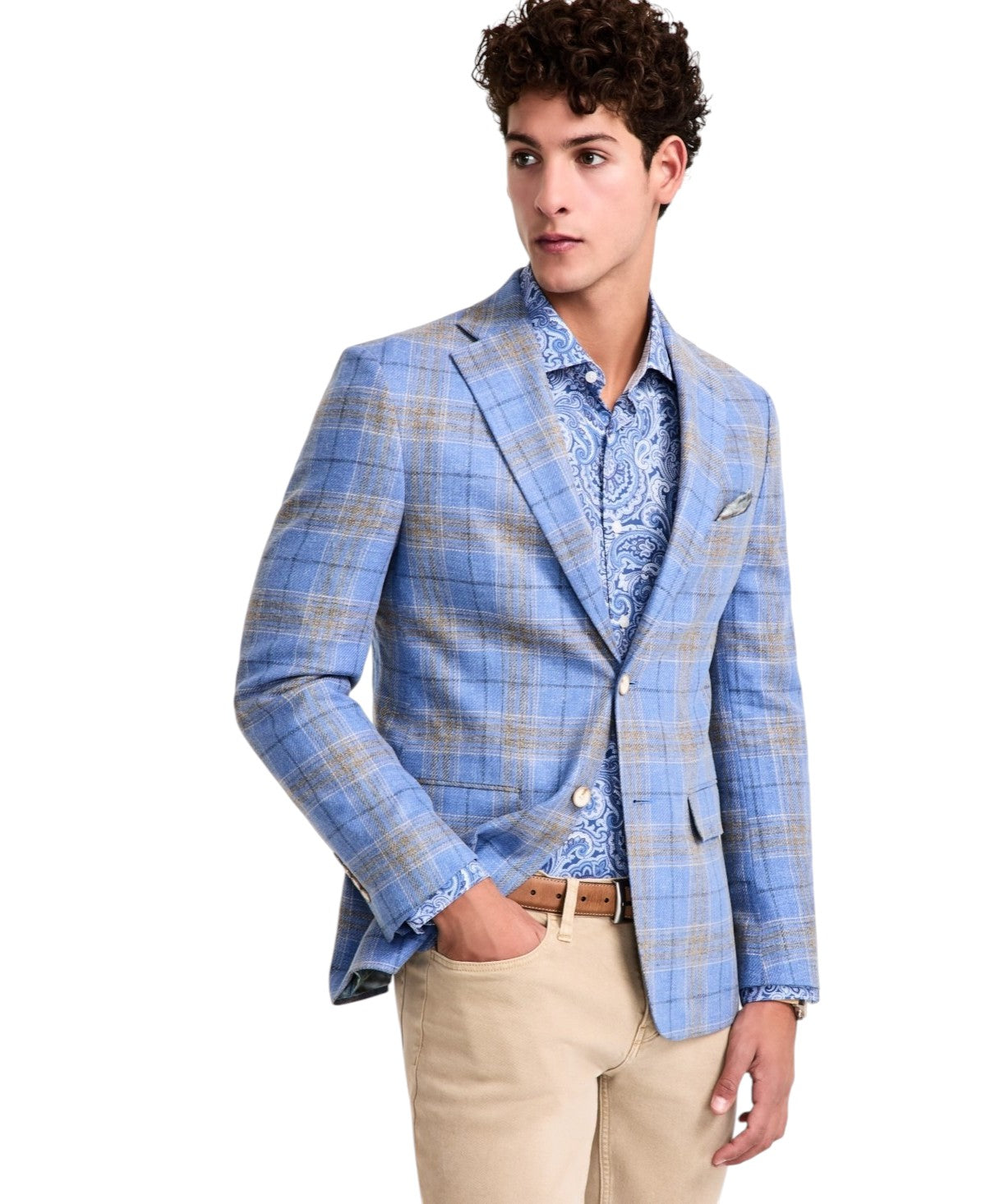 Tallia Mens Slim fit Sport Coat Blazer 50 R Light Blue Plaid