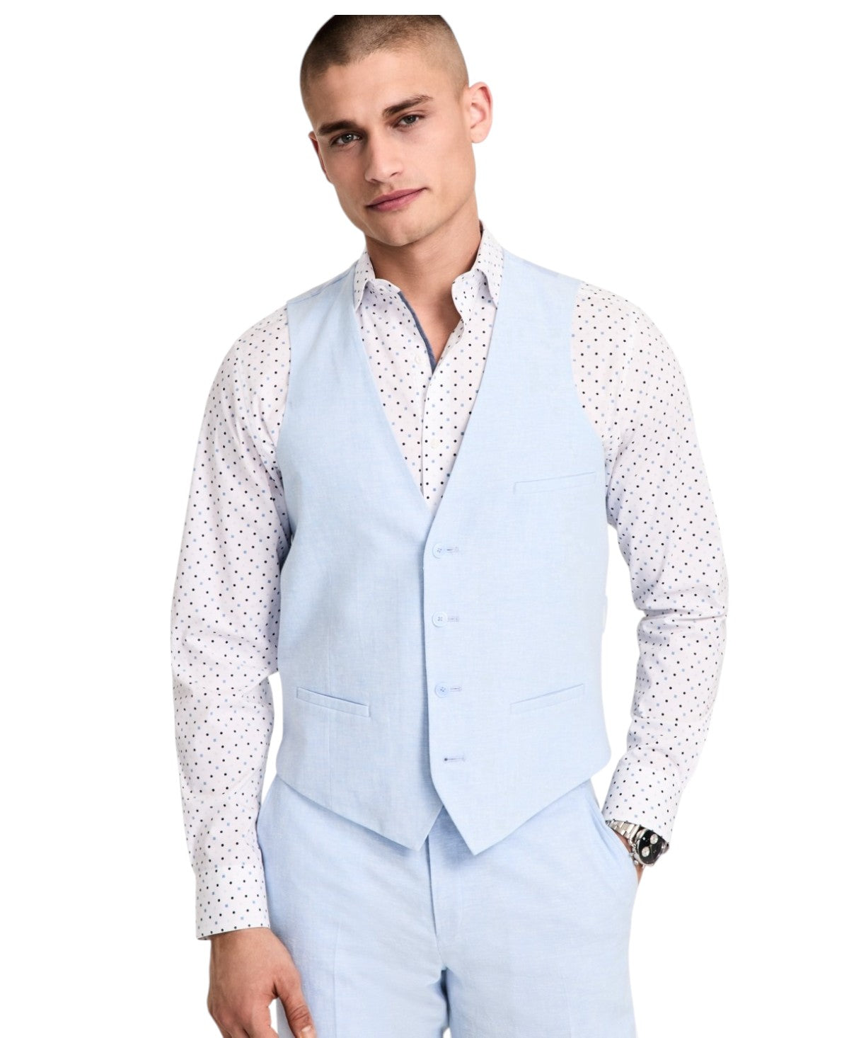Bar Iii Mens Slim fit Button-Up Suit Vest XL Light Blue Linen Linen