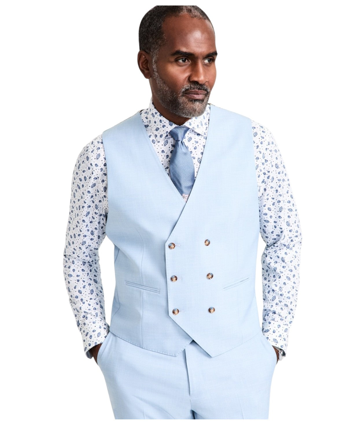 Tayion Mens Regular fit Double Breasted Button-Up Vest XXL Light Blue Stretch