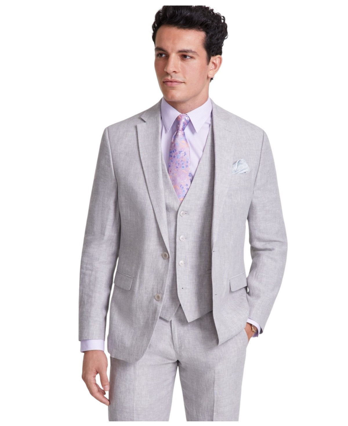 Bar Iii Mens Slim fit Suit Jacket Blazer 44 L Light Grey Solid Linen Linen