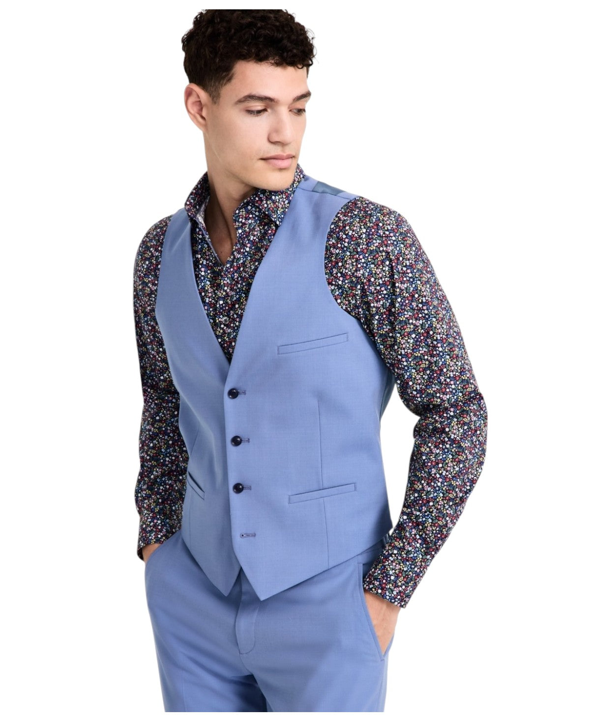 Bar Iii Mens Slim fit Button-Up Suit Vest Medium Blue Wool