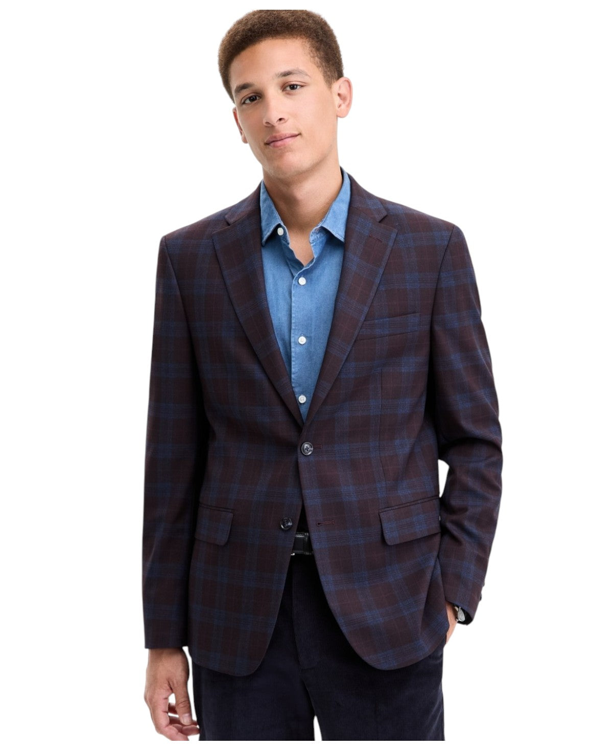 Tommy Hilfiger Mens Modern fit Sport Coat Blazer 40 S Burgundy Red Check Stretch