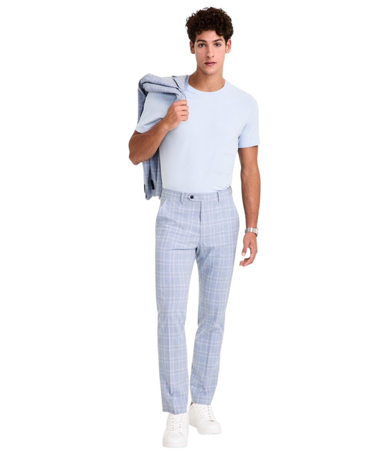 Alfani Mens Slim fit Dress Pants 36 / 32 Light Blue Plaid Stretch