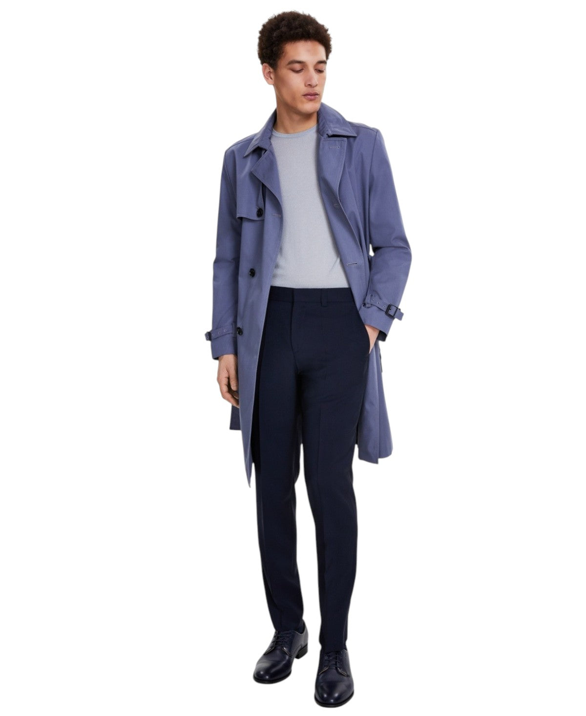 Hugo Boss Men's Regular-Fit Overcoat Trench Coat 38R Belted Blue