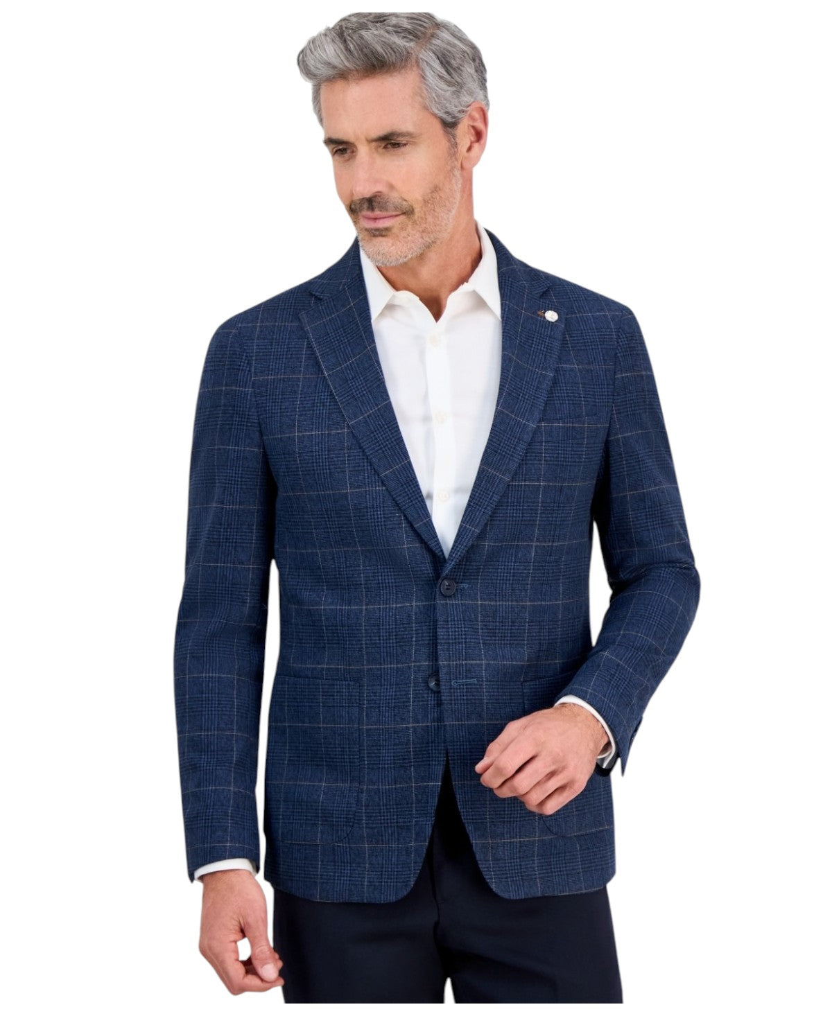 Tom Baine Mens Slim fit Sport Coat Blazer 42 L Navy Blue Plaid Stretch