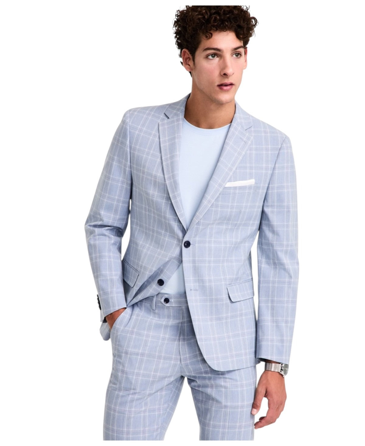 Alfani Mens Slim fit Sport Coat Blazer 46 L Light Blue Plaid Stretch