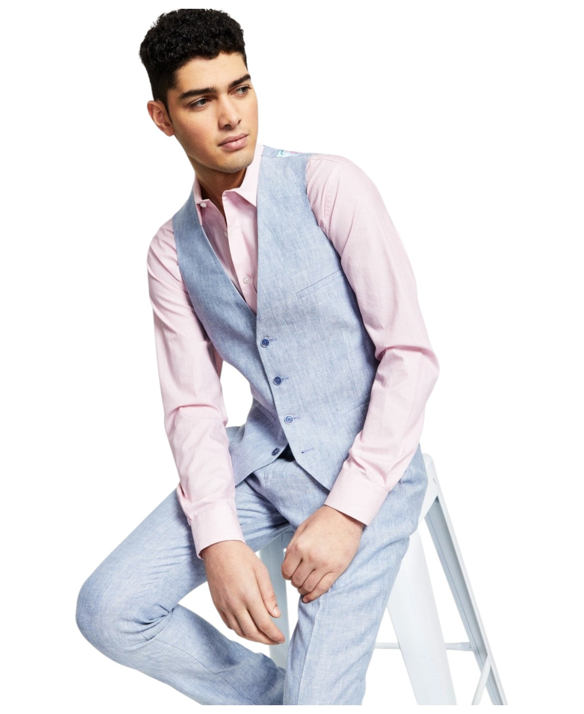 Bar Iii Mens Slim fit Button-Up Suit Vest Large Blue Solid Linen Linen