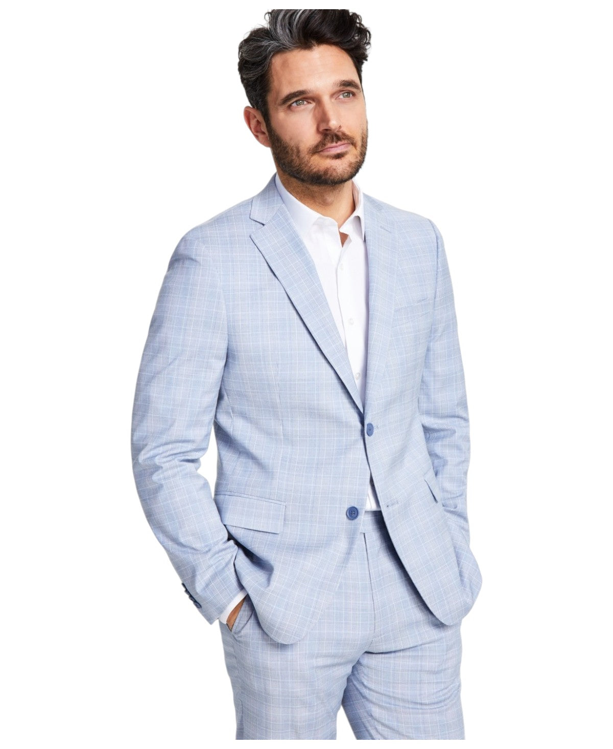 Alfani Mens Slim fit Sport Coat Blazer 36 S Light Blue Plaid Stretch