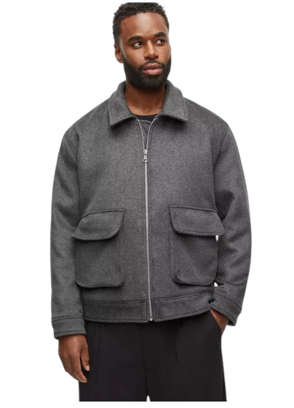 Mode of One Mens Utility Jacket Coat Small Grey Solid Wool