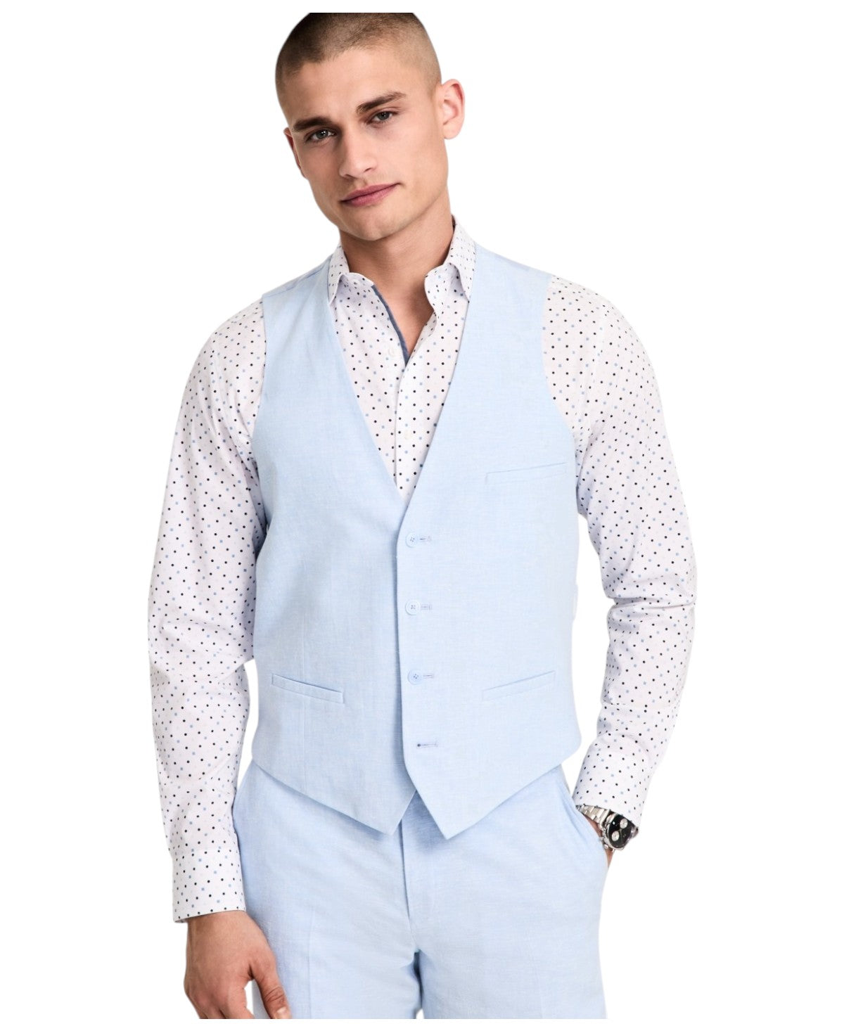 Bar Iii Mens Slim fit Button-Up Suit Vest Medium Blue Solid Linen Linen
