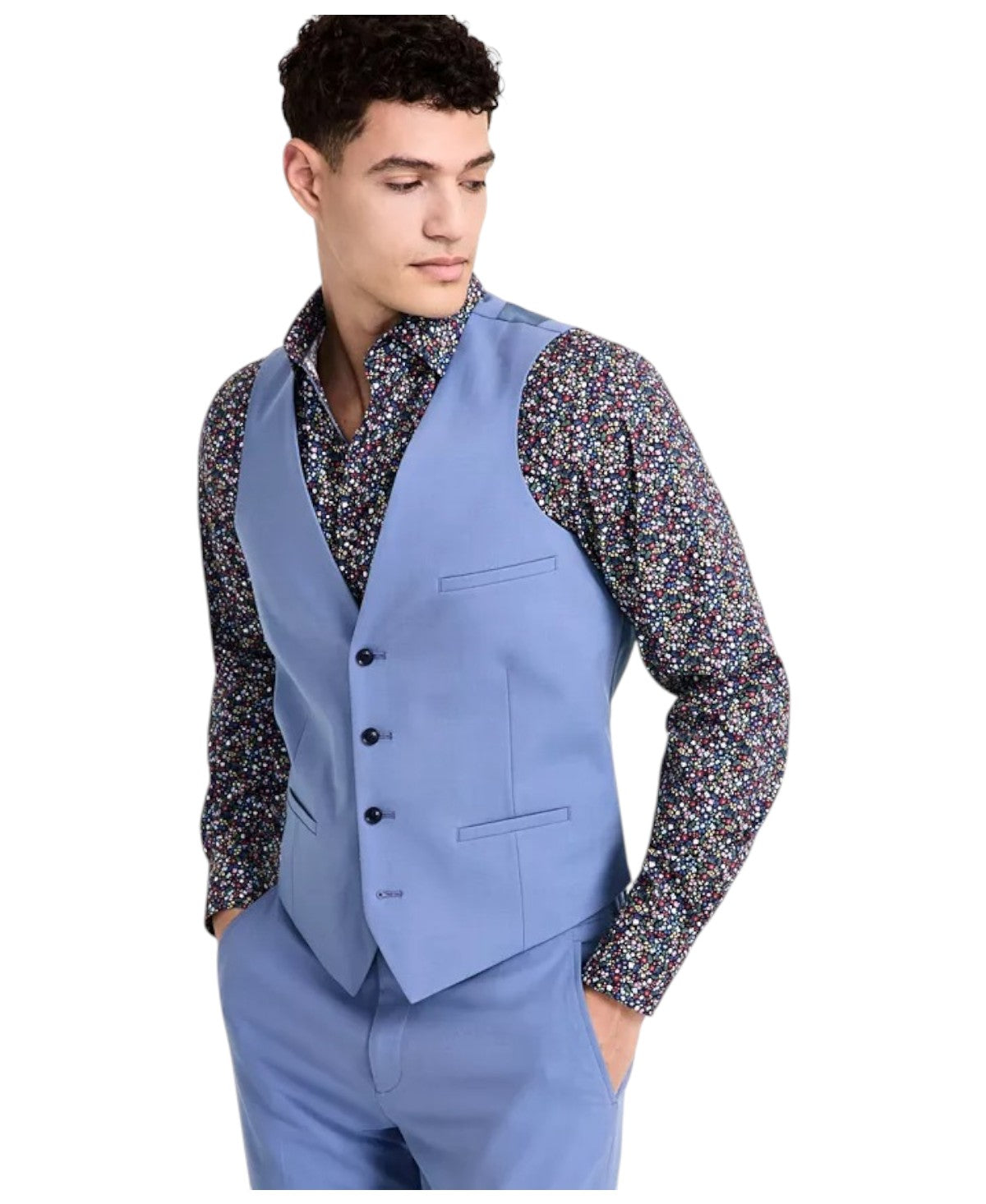 Bar Iii Mens Slim fit Button-Up Vest Small Light Blue Solid