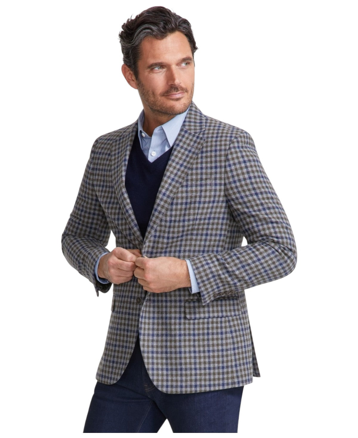Nautica Mens Modern fit Sport Coat Blazer 44 S Blue Beige Check Stretch