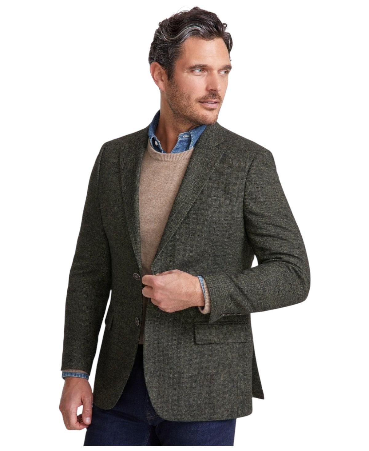 Nautica Mens Modern fit Sport Coat Blazer 44 L Green Herringbone Stretch