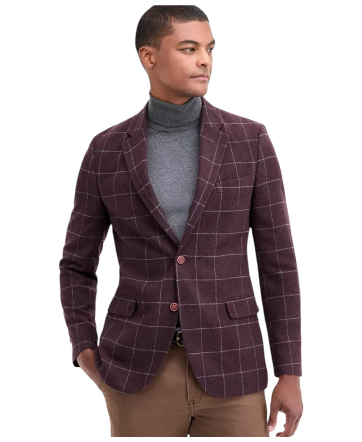 Nautica Mens Modern fit Sport Coat Blazer 38 R Burgundy Red Check Stretch