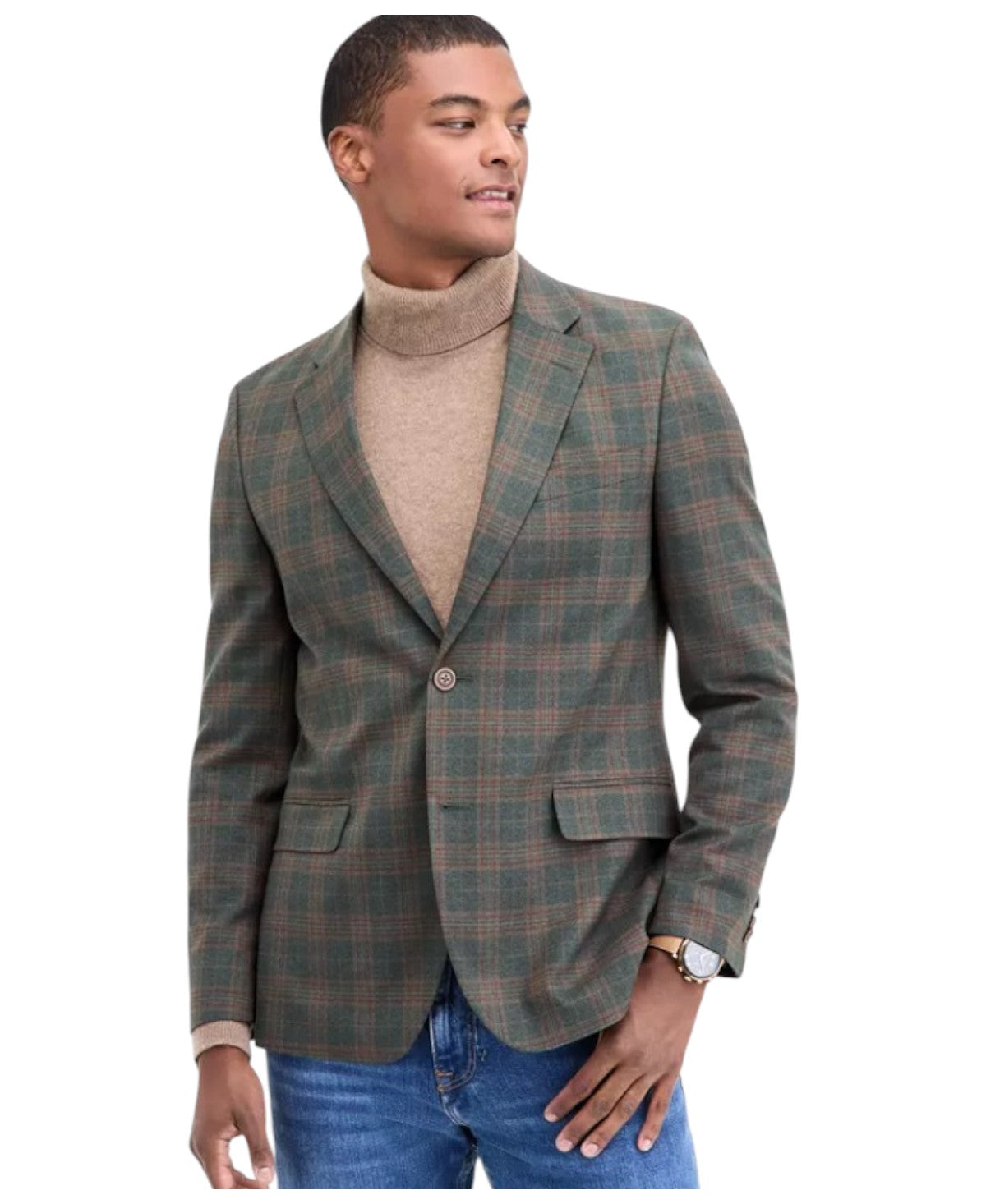 Nautica Mens Modern fit Sport Coat Blazer 46 L Olive Green Plaid