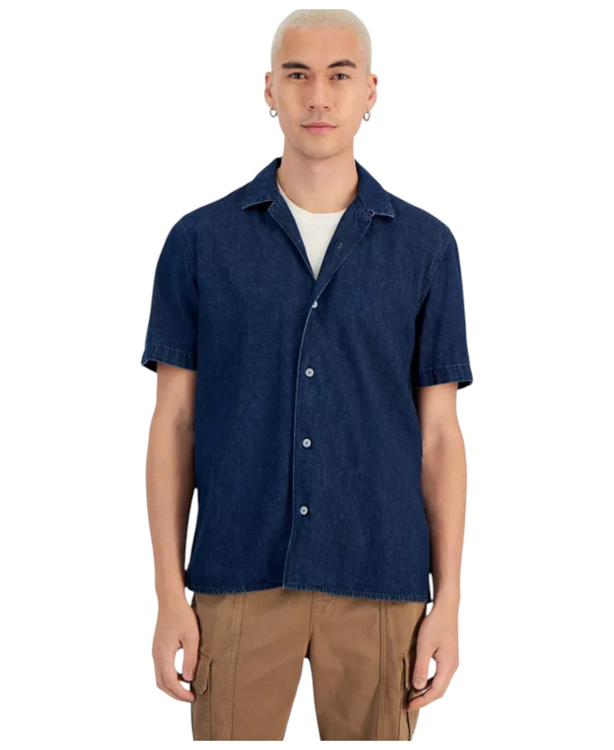 Sun + Stone Mens Regular fit Short Sleeve Button-Up Shirt Large Navy Blue Solid